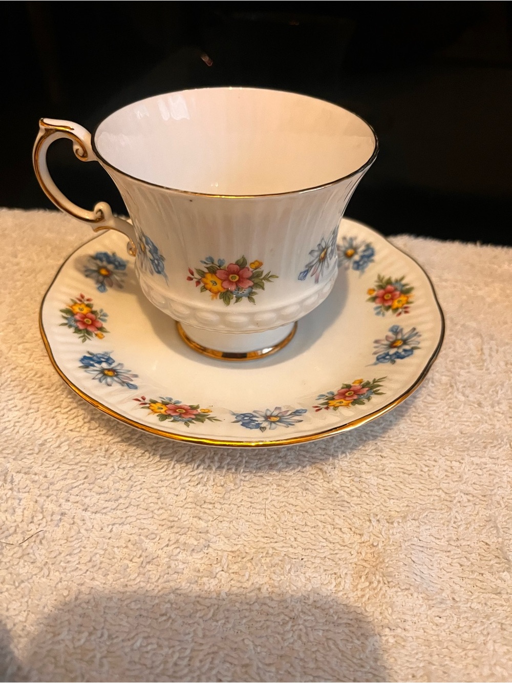 Classic Floral Bone China Teacup and Saucer - White with Multicolor Flowers